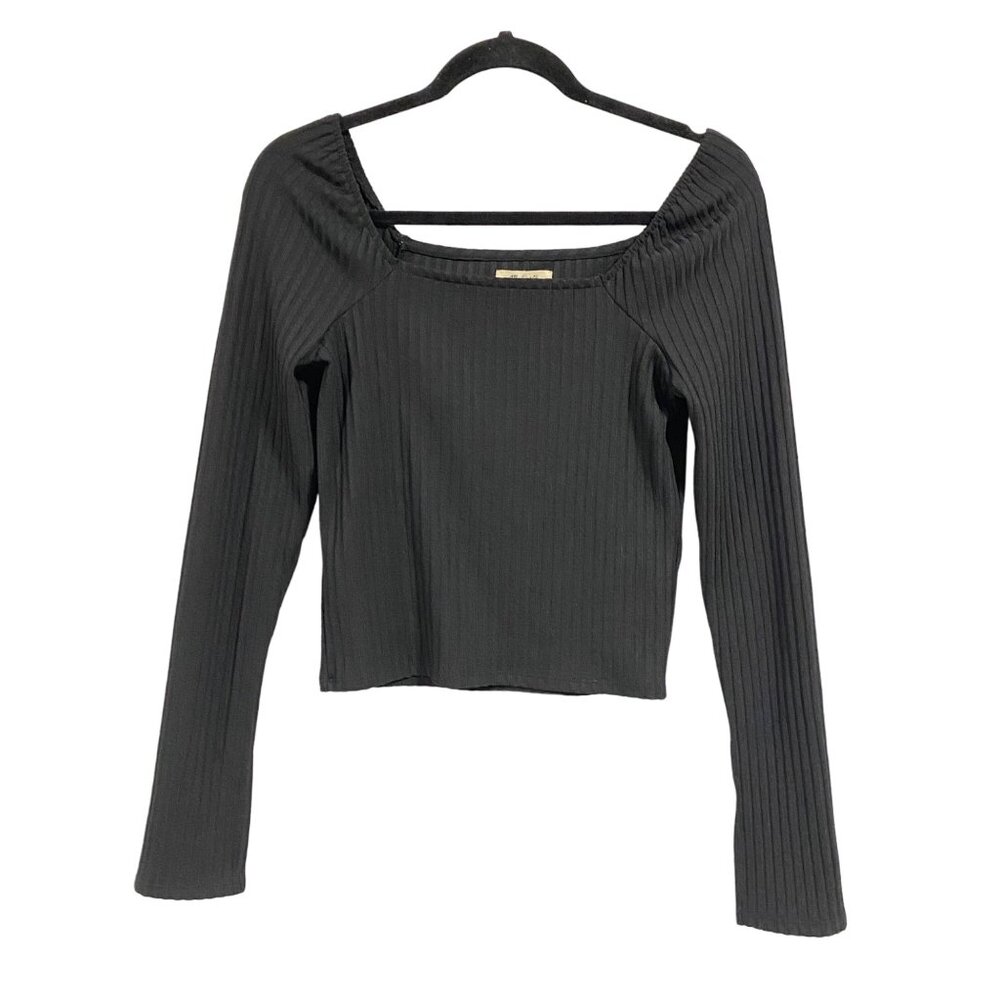 Madewell Ribbed Square-Neck Long-Sleeve‎ Cropped Black Tee Size M